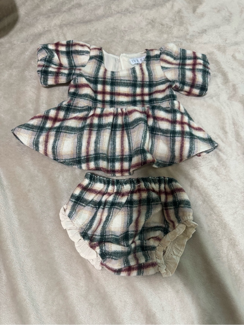 Ivy City Co Plaid Peplum Top & Ruffle Bloomers - Cream, Green & Burgundy